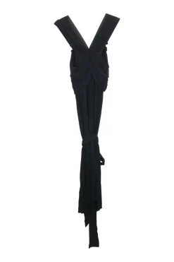 Black viscose-blend tie-waist draped mini dress with cascading wrap-front effect bodice trim