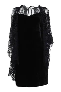 Black viscose-blend velvet V-neck mini dress with lace insert