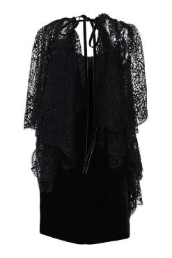 Black viscose-blend velvet V-neck mini dress with lace insert