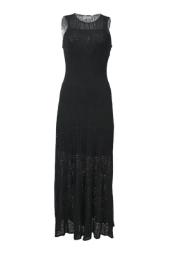 Black viscose-blend warp knit pointelle peek-a-boo tank dress
