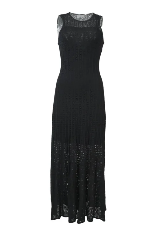 Black viscose-blend warp knit pointelle peek-a-boo tank dress