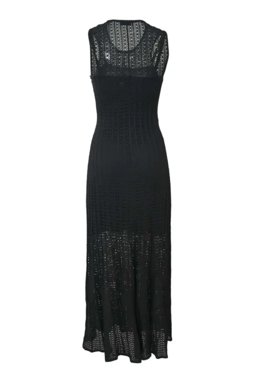 Black viscose-blend warp knit pointelle peek-a-boo tank dress