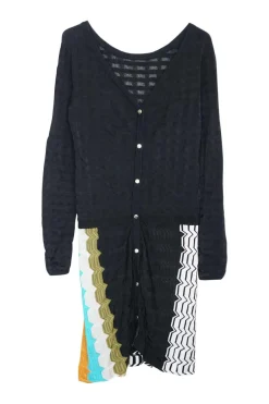 Black viscose-cotton blend paneled warp knit cardigan dress