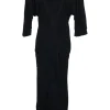 Black viscose-silk blend draped jersey pullover v-neck sheath dress with cutouts at back