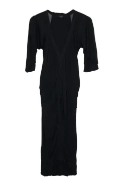Black viscose-silk blend draped jersey pullover v-neck sheath dress with cutouts at back