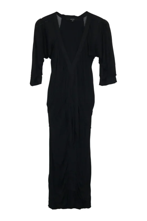 Black viscose-silk blend draped jersey pullover v-neck sheath dress with cutouts at back
