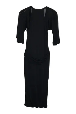 Black viscose-silk blend draped jersey pullover v-neck sheath dress with cutouts at back