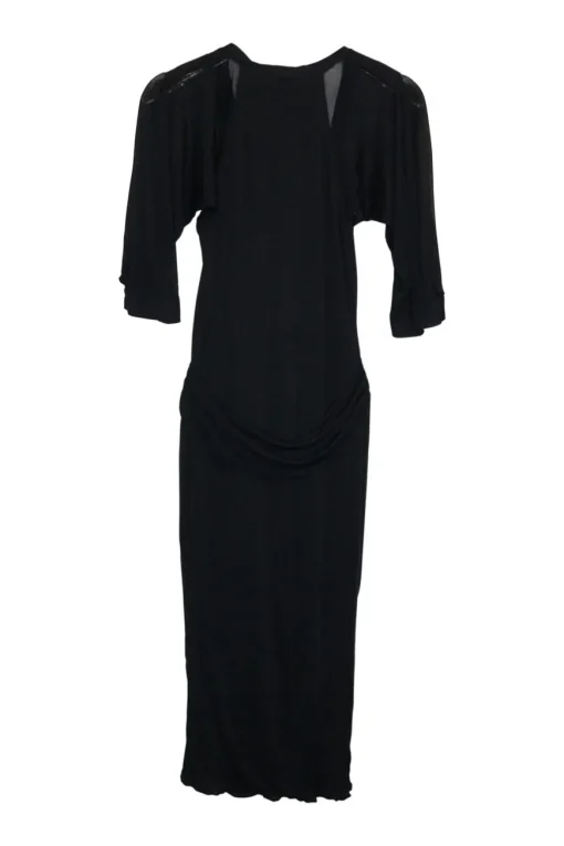 Black viscose-silk blend draped jersey pullover v-neck sheath dress with cutouts at back