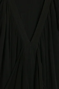 Black viscose-silk blend draped jersey pullover v-neck sheath dress with cutouts at back