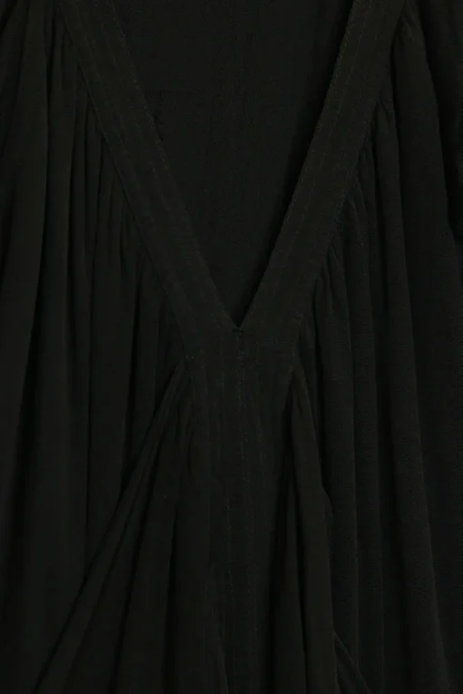 Black viscose-silk blend draped jersey pullover v-neck sheath dress with cutouts at back