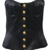Black viscose-silk blend satin strapless bustier top with gold-finish metallic star shank buttons