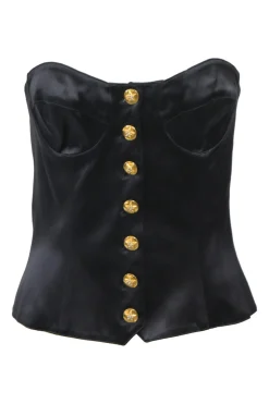 Black viscose-silk blend satin strapless bustier top with gold-finish metallic star shank buttons