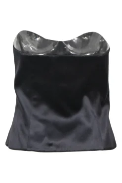 Black viscose-silk blend satin strapless bustier top with gold-finish metallic star shank buttons