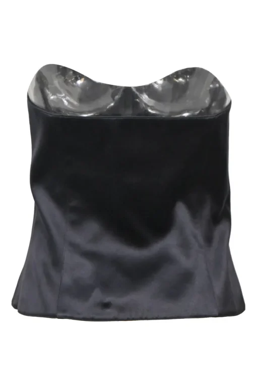 Black viscose-silk blend satin strapless bustier top with gold-finish metallic star shank buttons