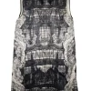 Black viscose-silk blend trompe l'oeil print satin mini shift dress with beaded collar