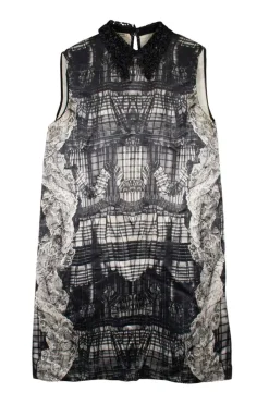 Black viscose-silk blend trompe l'oeil print satin mini shift dress with beaded collar