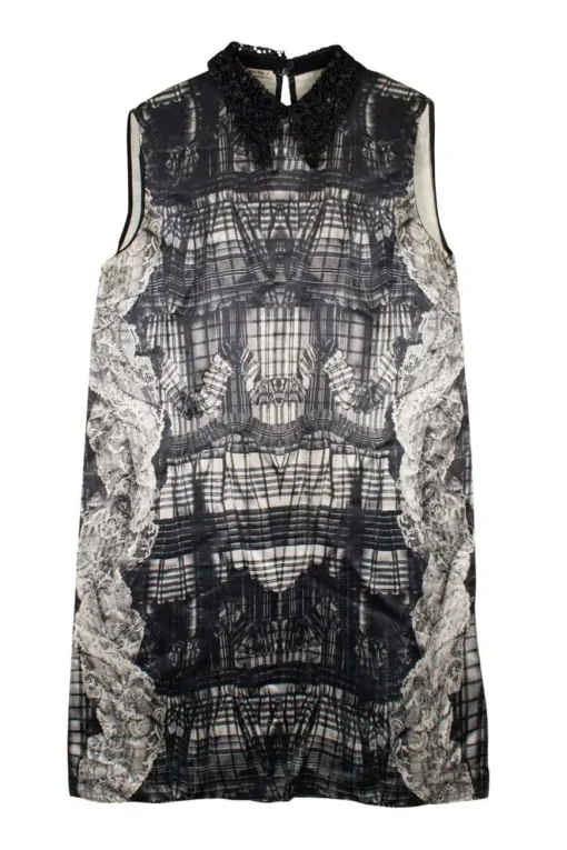 Black viscose-silk blend trompe l'oeil print satin mini shift dress with beaded collar