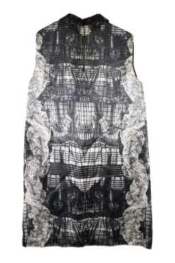 Black viscose-silk blend trompe l'oeil print satin mini shift dress with beaded collar