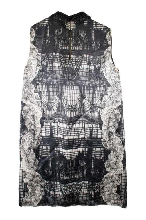 Black viscose-silk blend trompe l'oeil print satin mini shift dress with beaded collar