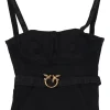 Black washed cotton-blend denim sculpted bustier top with love bird buckle belt and fixed logo straps