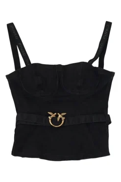 Black washed cotton-blend denim sculpted bustier top with love bird buckle belt and fixed logo straps