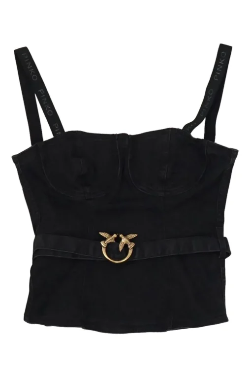 Black washed cotton-blend denim sculpted bustier top with love bird buckle belt and fixed logo straps