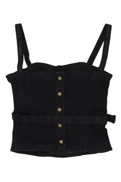 Black washed cotton-blend denim sculpted bustier top with love bird buckle belt and fixed logo straps