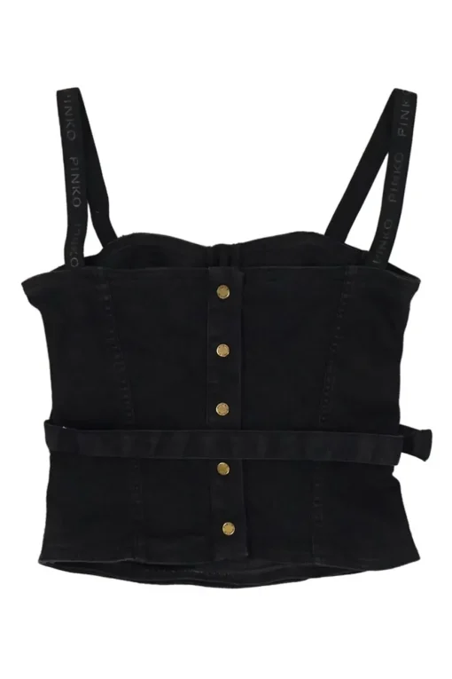 Black washed cotton-blend denim sculpted bustier top with love bird buckle belt and fixed logo straps