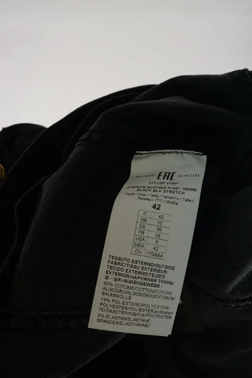 Black washed cotton-blend denim sculpted bustier top with love bird buckle belt and fixed logo straps