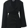 Black wool Arles cutout mini blazer dress with notch collar and wrap-front skirt