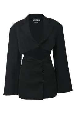 Black wool Arles cutout mini blazer dress with notch collar and wrap-front skirt
