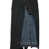 Black wool denim mixed-media asymmetric midi tailored skirt