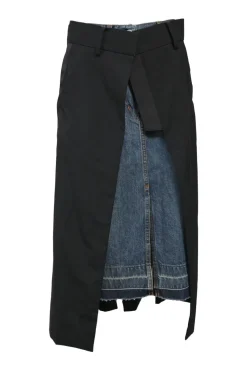 Black wool denim mixed-media asymmetric midi tailored skirt