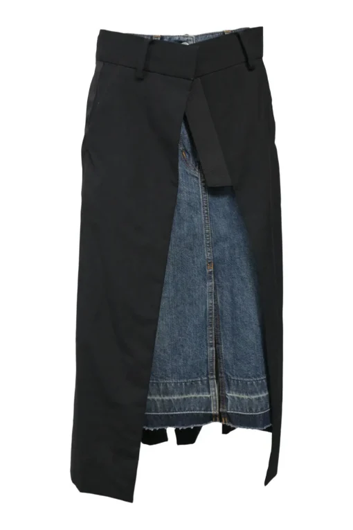 Black wool denim mixed-media asymmetric midi tailored skirt