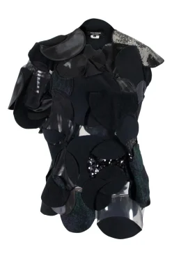 Black wool felt, sequin and mesh circle patchwork top