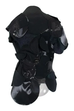 Black wool felt, sequin and mesh circle patchwork top