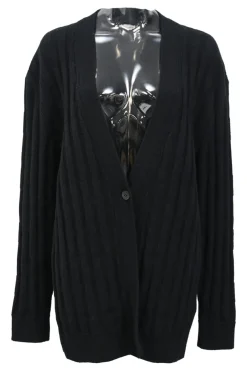 Black wool flat rib button-front cardigan