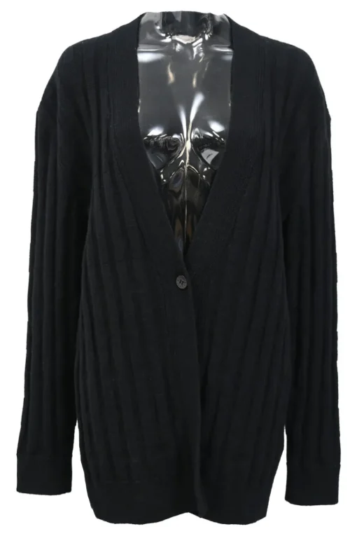 Black wool flat rib button-front cardigan