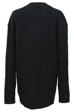 Black wool flat rib button-front cardigan