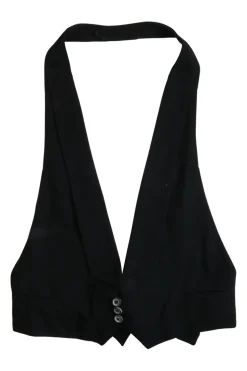 Black wool halterneck waistcoat with self-tie fastening at mid-back