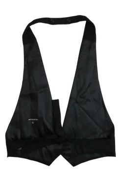 Black wool halterneck waistcoat with self-tie fastening at mid-back