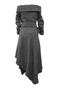 Black wool herringbone tweed off-shoulder belted midi dress with foldover bust line and paneled asymmetric bias-cut skirt