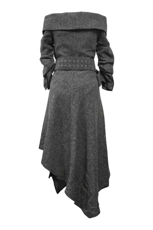 Black wool herringbone tweed off-shoulder belted midi dress with foldover bust line and paneled asymmetric bias-cut skirt