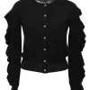 Black wool jersey knit crewneck cardigan ruffle-trimmed long sleeves with silver-tone metal buttons