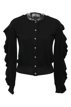 Black wool jersey knit crewneck cardigan ruffle-trimmed long sleeves with silver-tone metal buttons