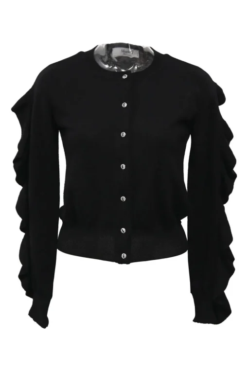 Black wool jersey knit crewneck cardigan ruffle-trimmed long sleeves with silver-tone metal buttons
