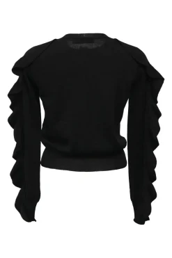 Black wool jersey knit crewneck cardigan ruffle-trimmed long sleeves with silver-tone metal buttons