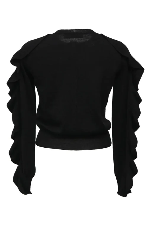 Black wool jersey knit crewneck cardigan ruffle-trimmed long sleeves with silver-tone metal buttons