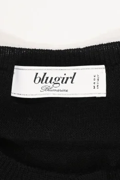Black wool jersey knit crewneck cardigan ruffle-trimmed long sleeves with silver-tone metal buttons