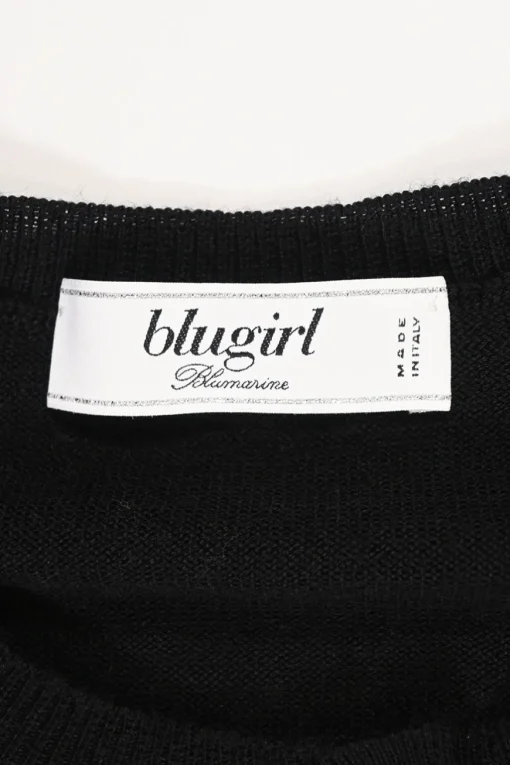 Black wool jersey knit crewneck cardigan ruffle-trimmed long sleeves with silver-tone metal buttons